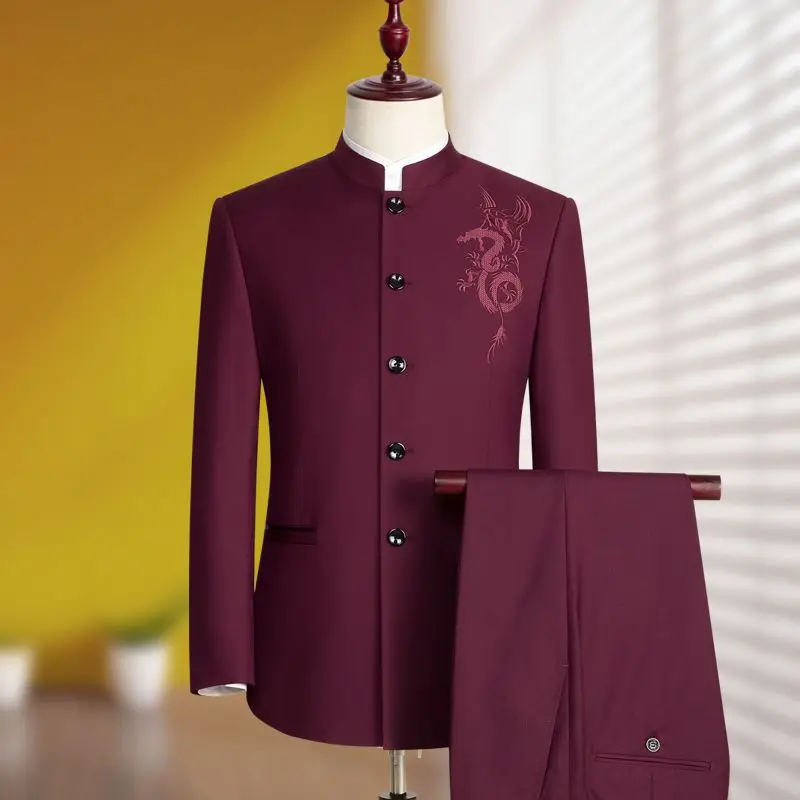 B211 Zhongshan suit men's youth slim groom dress red performance clothes banquet stand collar suit style