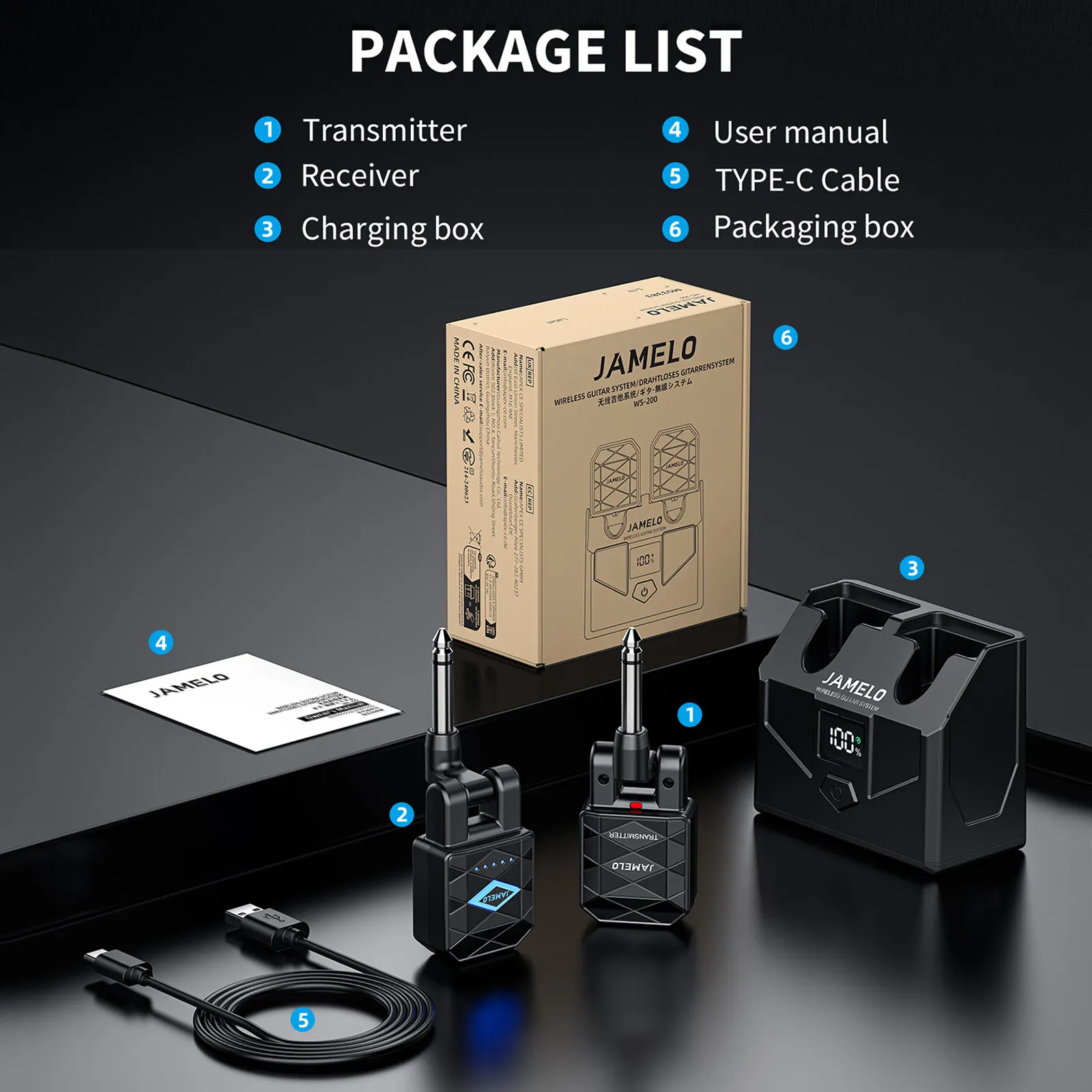 Jamelo Wireless Guitar System Ws-200 Rechargeable Digital Wireless Guitar Transmitter Receiver with 4 Channels Guitar Bass Jack view 6