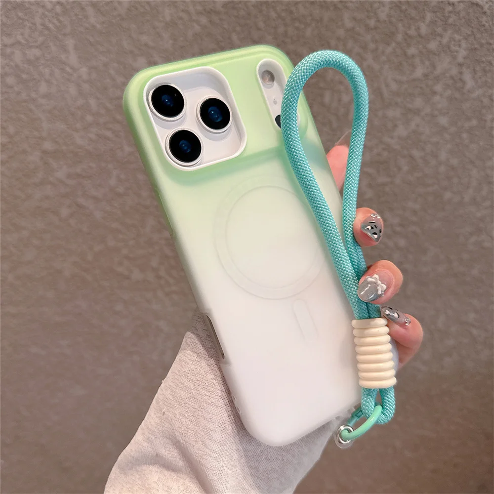 Funda protectora magnética para teléfono Magsafe, funda a prueba de golpes con correa de mano de Color degradado para iPhone 17 Air 16 15 14 13 12 Pro Max