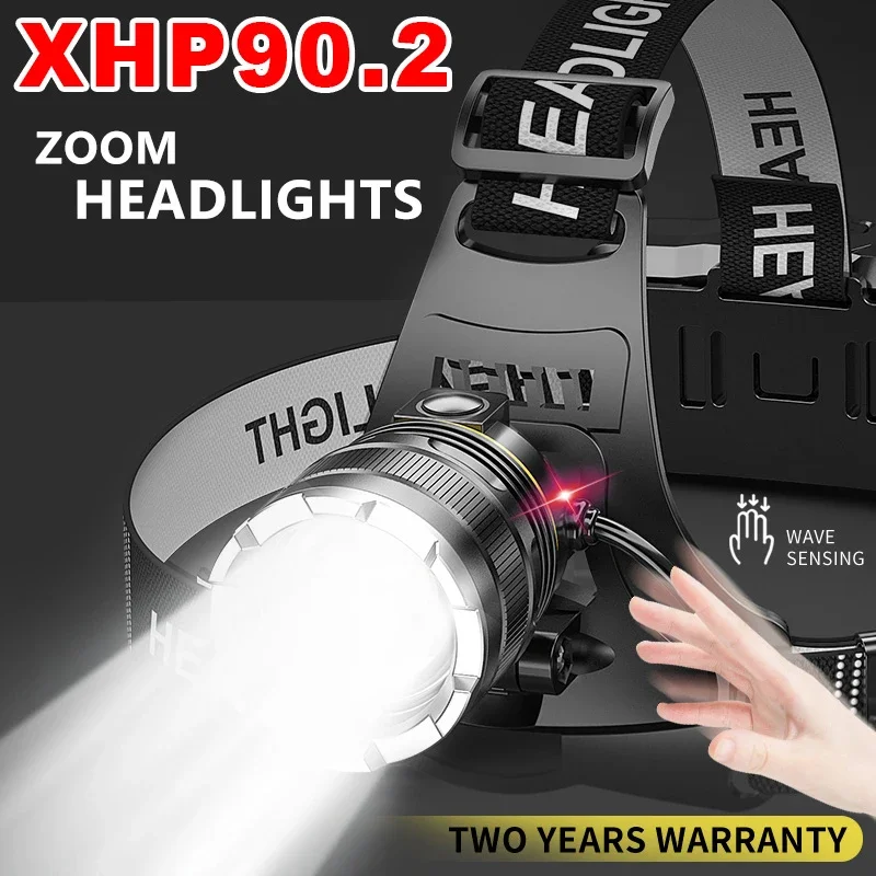 XHP90.2 Portable Bright Headlamp with Sensor 18650 Dual Battery Fishing Headlamp USB Rechargeable Flashlight Outdoor Lantern