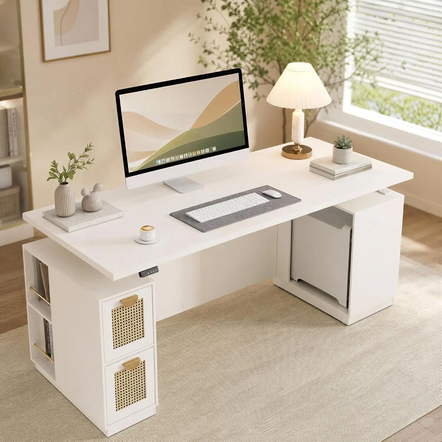 Electric Height Adjustable with One-Piece Desktop, Built-In Power Outlets and Storage, Home Office Executive Workstation