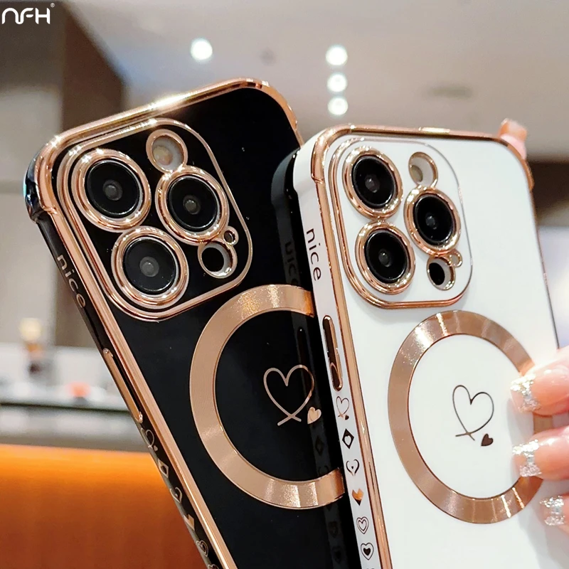 For iPhone 15 Pro Max Luxury Magsafe Magnetic Cute Plating Frame Phone Case For iPhone 11 12 13 14 15 Plus Lens Protective Cover