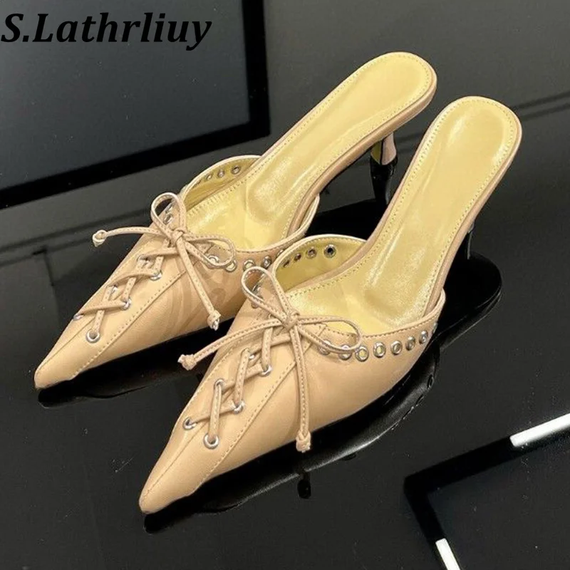 

Spring Autumn Pointed Toe Genuine Leather Bow Knot Tie Lace Up Slippers Women Thin Heel Lazy Mules Female Party Dress Shoes