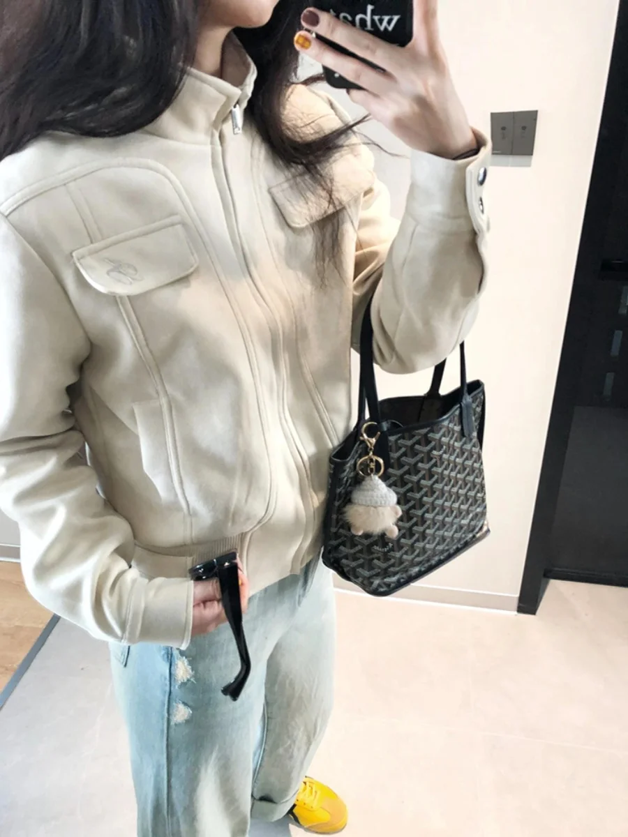 Giacca da Motociclista Mijia in Pelle PU Beige per Donna, Primavera Autunno, Casual da Lavoro, Collo Alto, Stile Scamosciato, Alla Moda ed Elegante