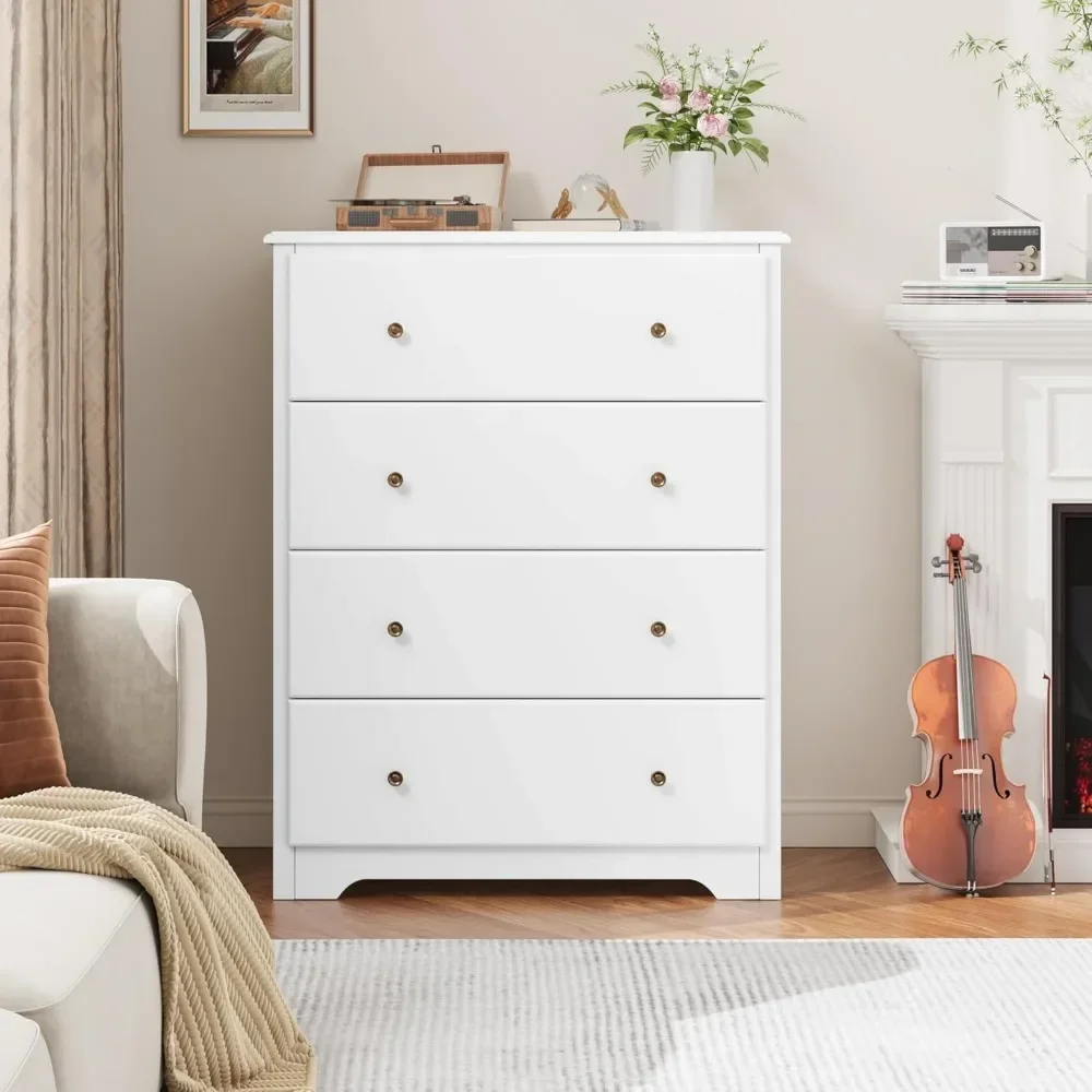 White Dresser, 4 Drawer Dressers Chest of Drawers, Modern Tall Dresser, Wood Drawer Chest Storage Cabinet