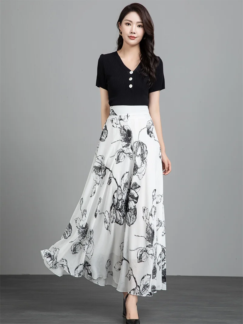 Casual hoge taille A-lijn rok Bloemenprint Chiffon Dames Zomer Strand Vakantie Dansrok Polyestervezel Niet-stretch rok