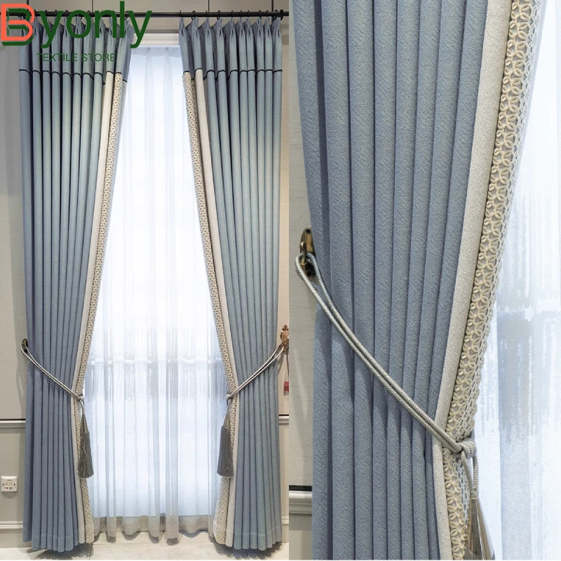 

Customized Blue Gray Jacquard Thickened Cotton Linen Patched Curtains for Living Room Bedroom French Window Balcony Finished