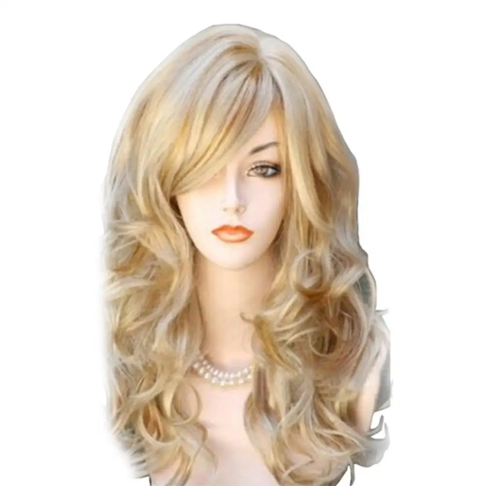 Golden Long Curly Slanted Bangs peruca de cabelo falso para mulheres, festa Cosplay Hairpiece, perucas sintéticas, parte média, fibras naturais cabelos, 60cm