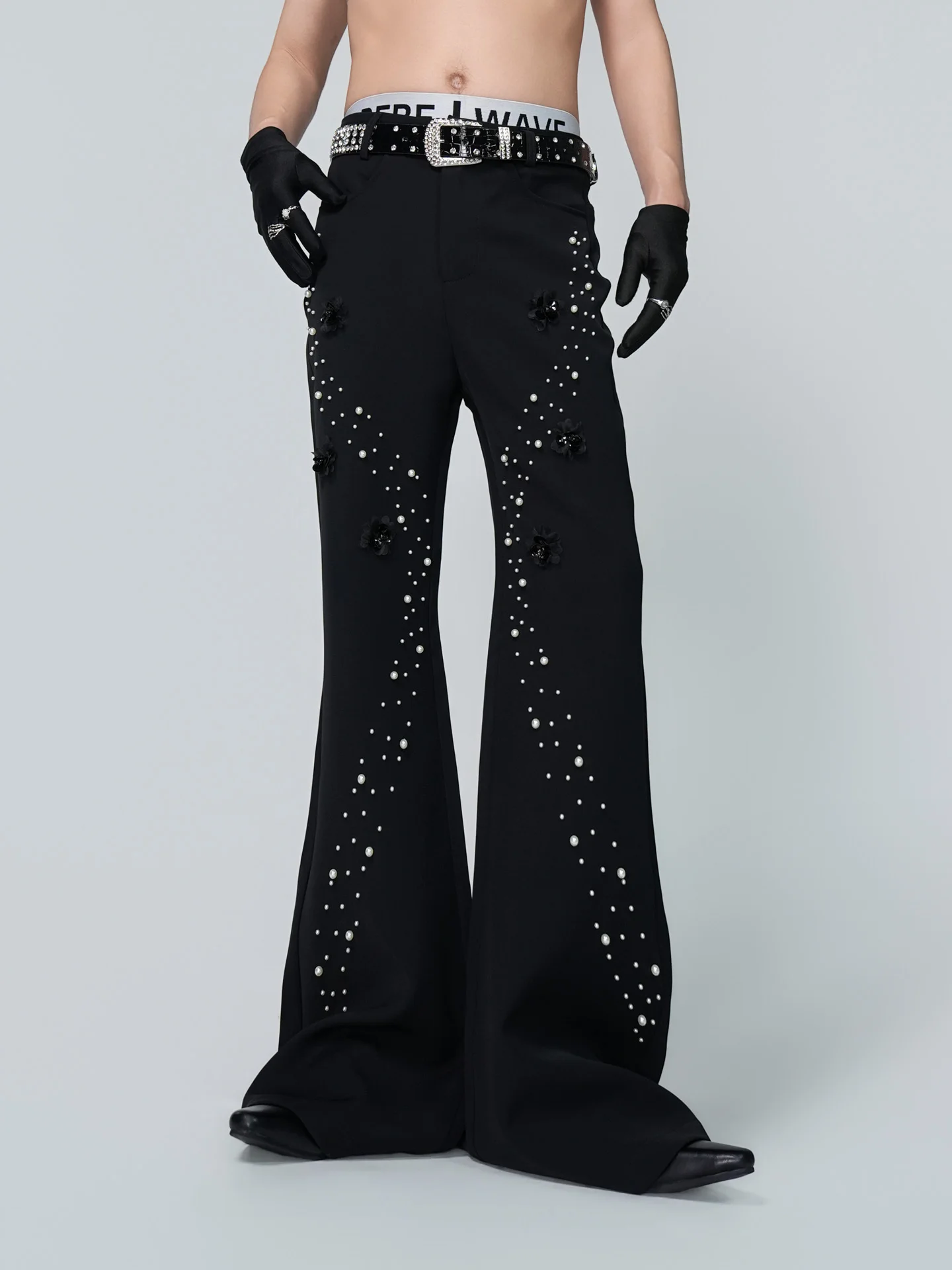 VE2 Korean Style High Waist Bell Bottom Pants Men's Anti-Wrinkle Bead Design Floor Length Draping Trousers Casual Dance Perfo...