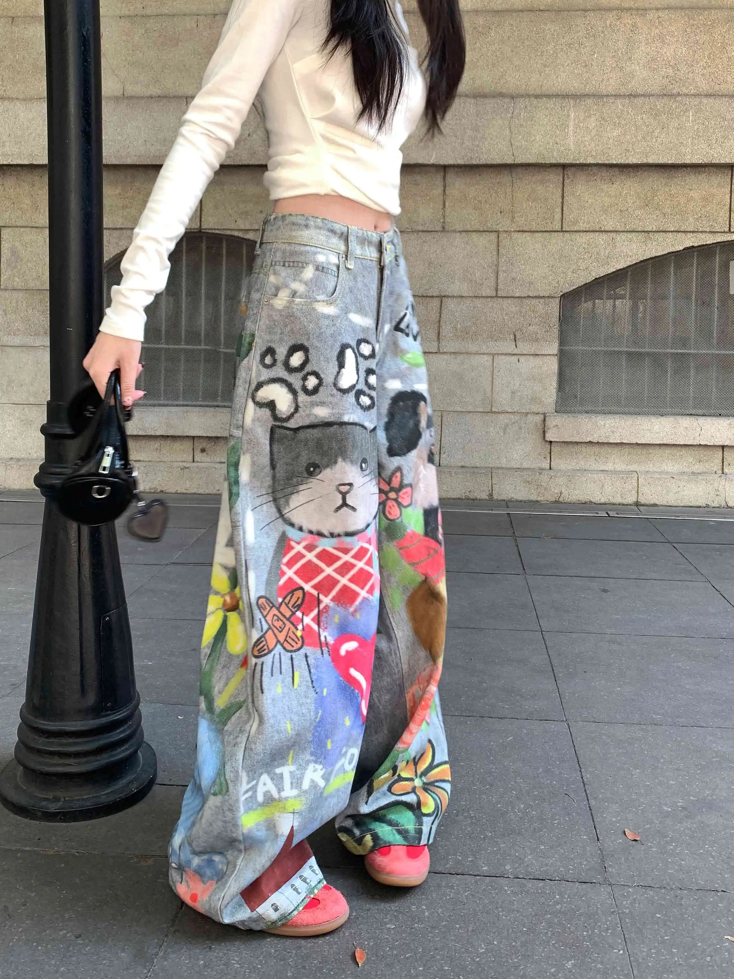 Doodle-printed Jeans American Casual Style Vintage Straight Loose-fitting High-street Wide-leg Pants Y2k Baggy Jeans For Women