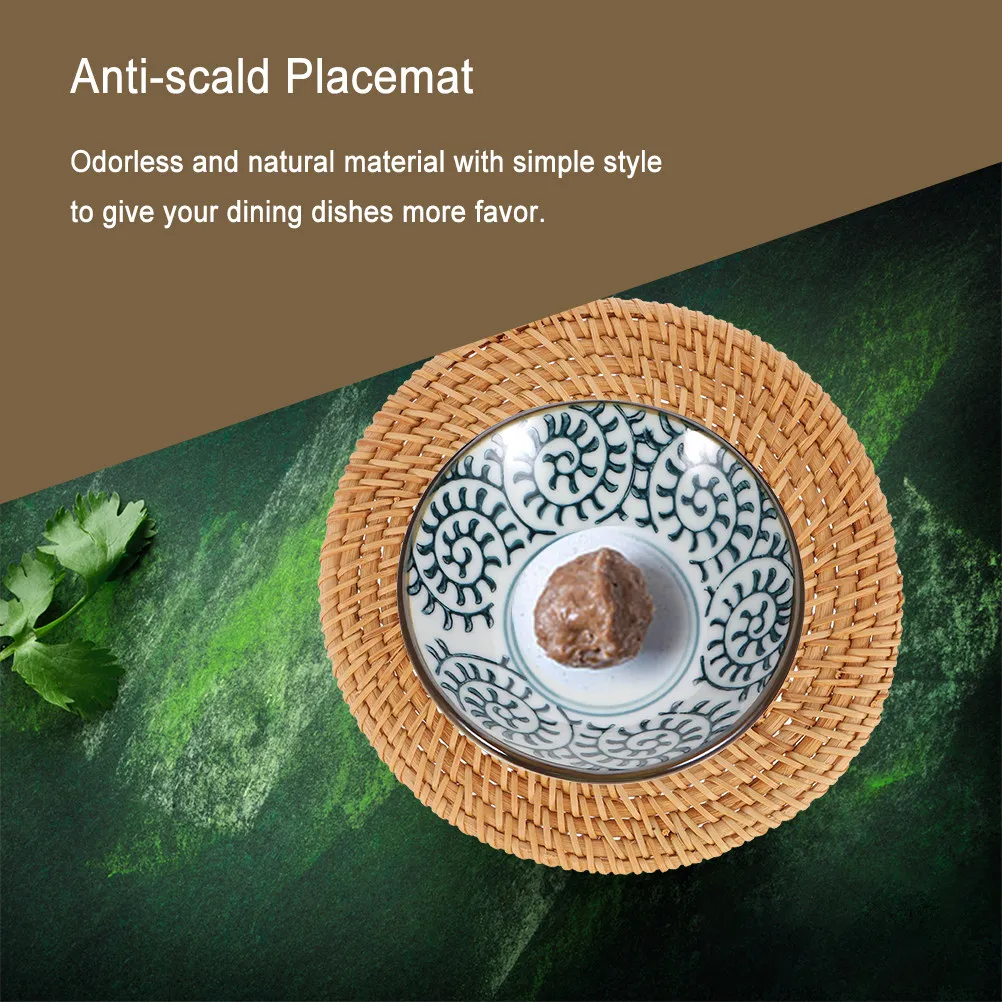3Pcs Woven Heat Insulation Placemat Natural Rattan Table Mat Anti-Scald Dish Mat for Cups Plates Pots Home Kitchen Restaurant