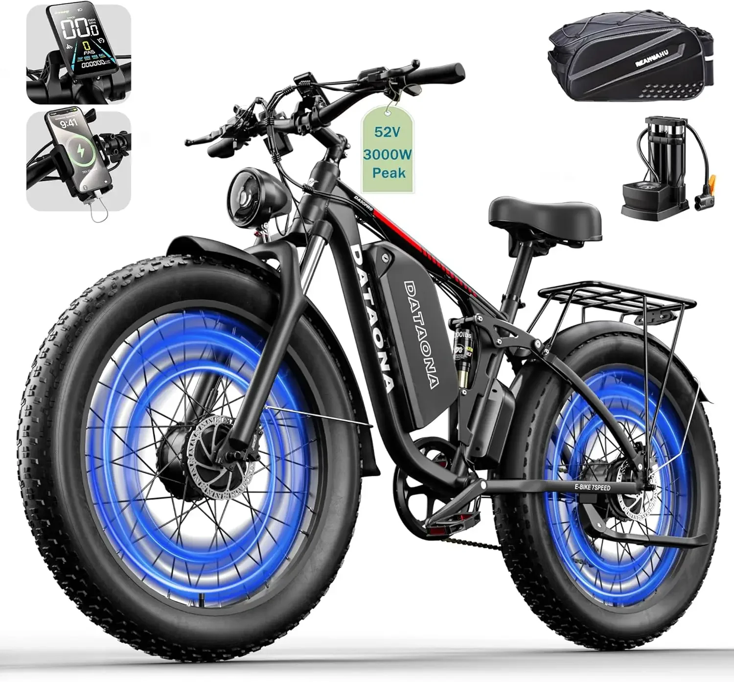 دراجة كهربائية بمحرك مزدوج 3000 وات للبالغين بطارية 52V23AH طويلة المدى 80 ميلًا عالية السرعة 37 ميجا في الساعة 26 بوصة دراجة كهربائية بإطارات عريضة
