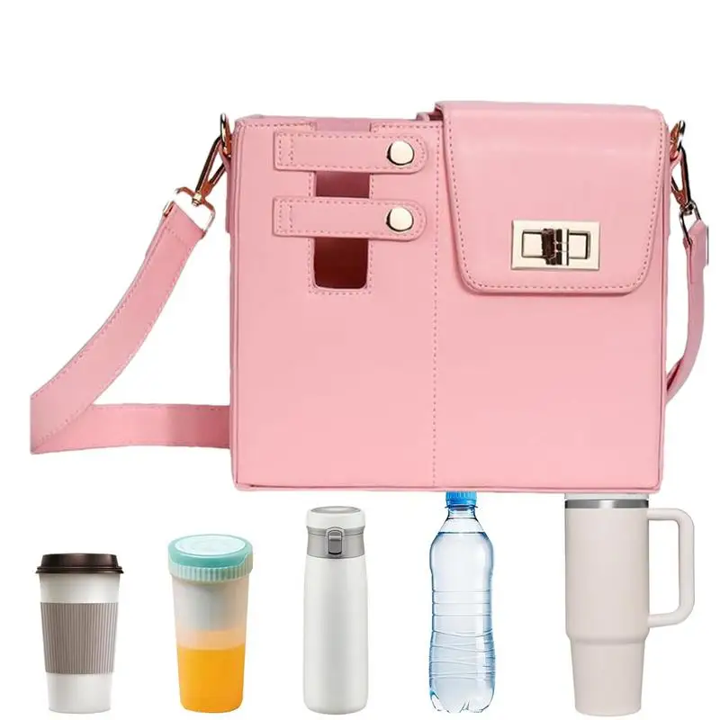 Portable Water Bottle Holder PU Leather Cover Travel Water Bottle Bag Adjustable Shoulder Strap With Phone Pocket