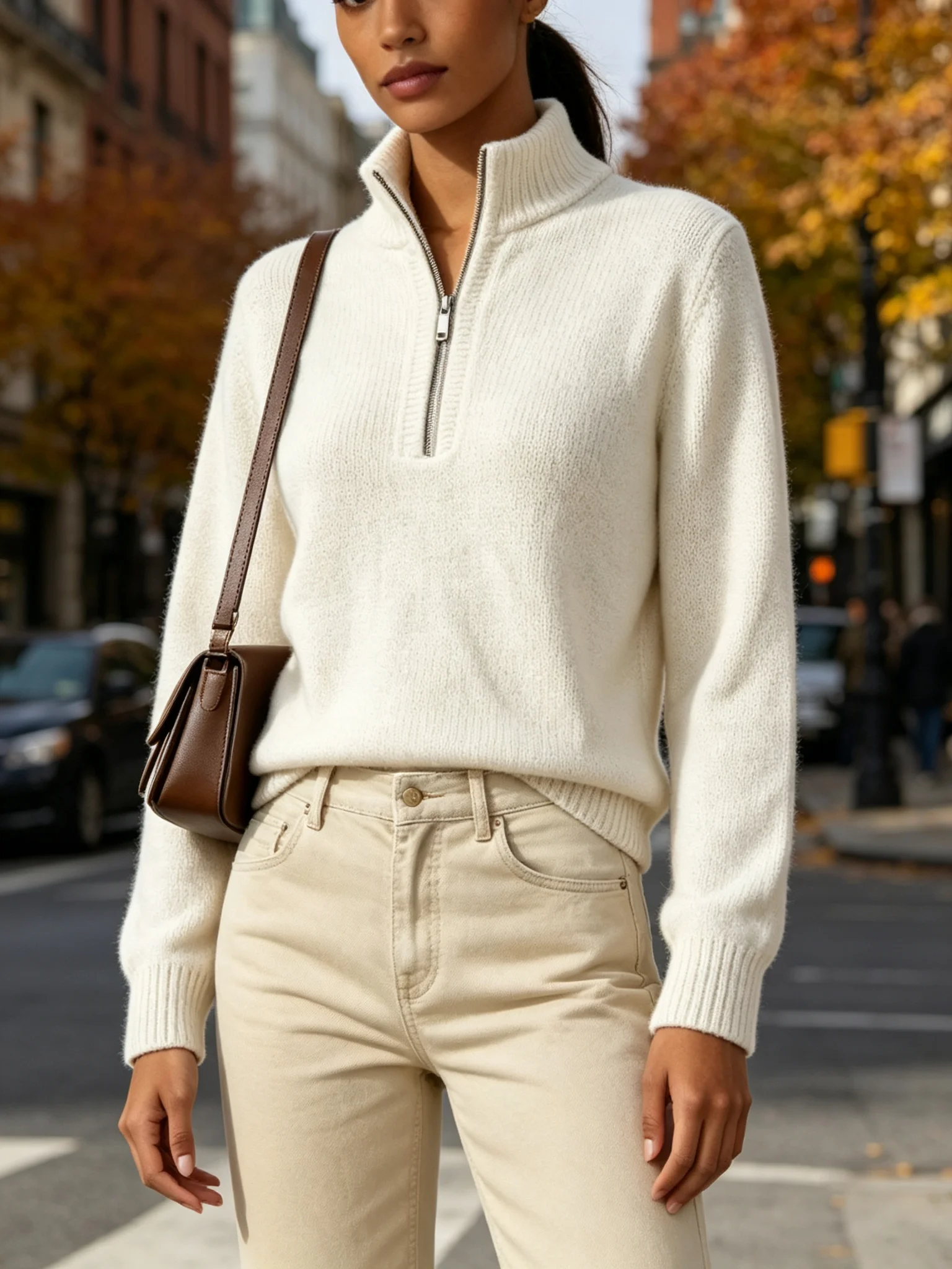 Women 1/4 Zip Mock Neck Knitted Sweater Casual Long Sleeve Solid Color Pullover Jumper Autumn Winter Loose Fit Knit Tops for Wom