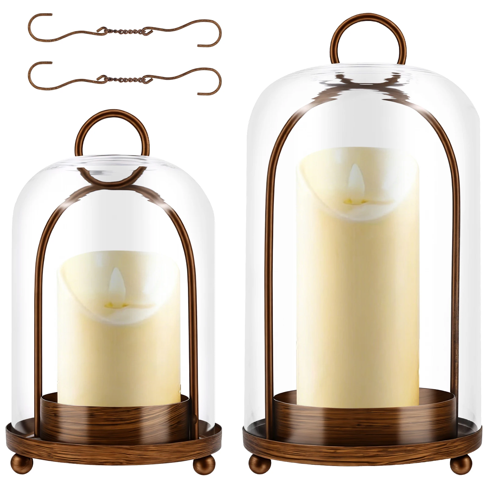 2-teiliges Metall-Kerzenhalter-Set mit Glaskuppel, Vintage-Säulenkerzenhalter mit Hängekette für Esstisch und Kamin