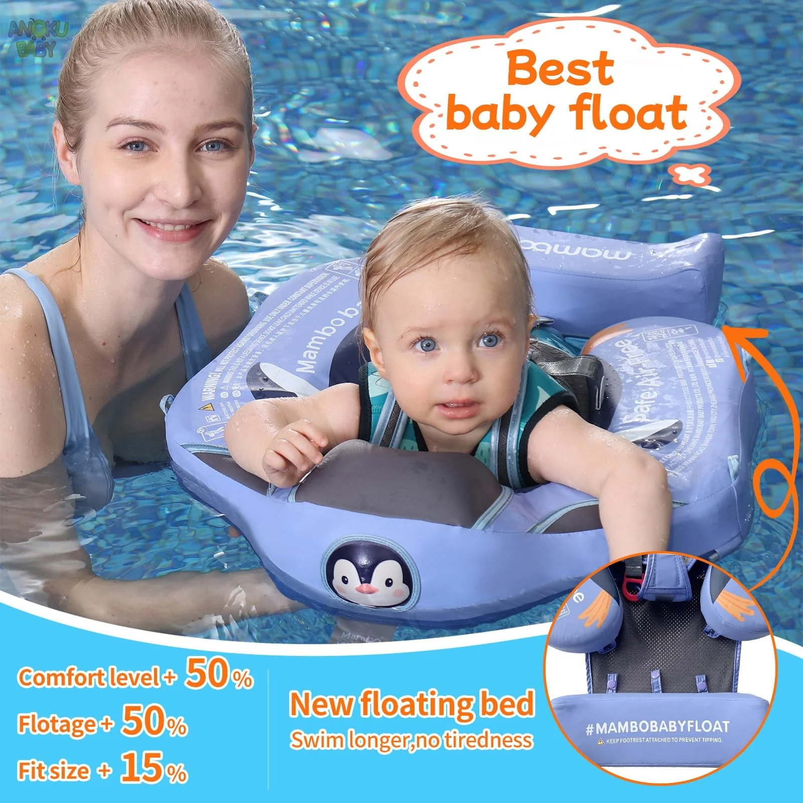 Nicht aufblasbare Babyschwimmer mit Rückwand für 3–24 Monate, verstellbare Poolschwimmer für Kinder, weicher Schwimmbecken für Kleinkinder mit Baldachin