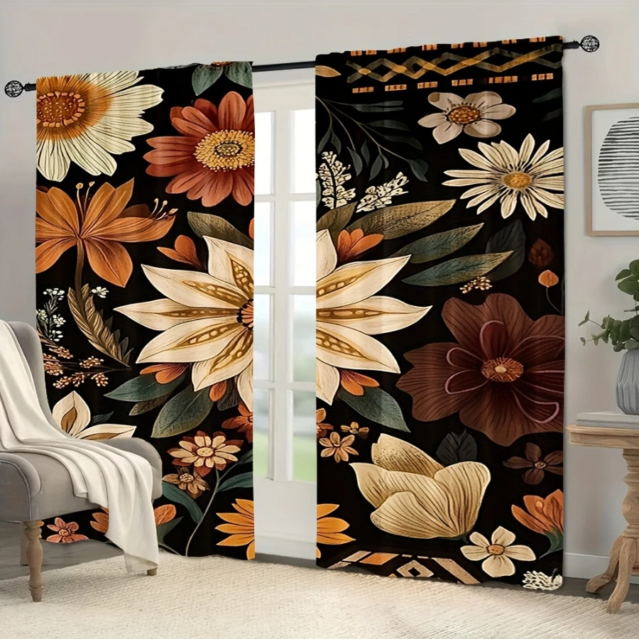 2PCS Digital Print Sheer Curtain, Dark Night Flower Clusters, Aesthetic Room Decor Sheer Curtain for Apartment Dorm Bedroom