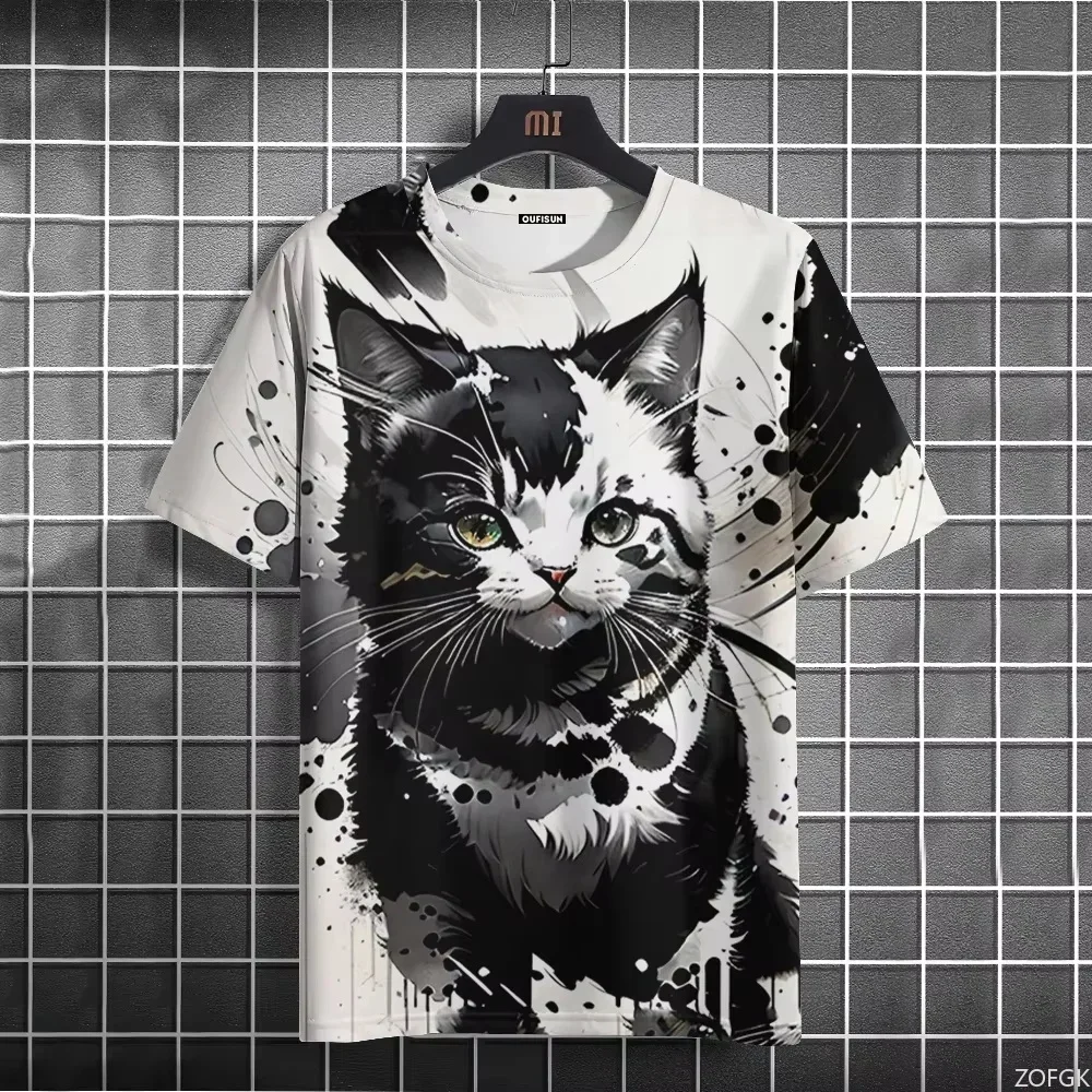 

Новая летняя мужская футболка с рисунком милого кота и 3D принтом, с короткими рукавами и круглым вырезом, повседневная быстросохнущая нейтральная одежда