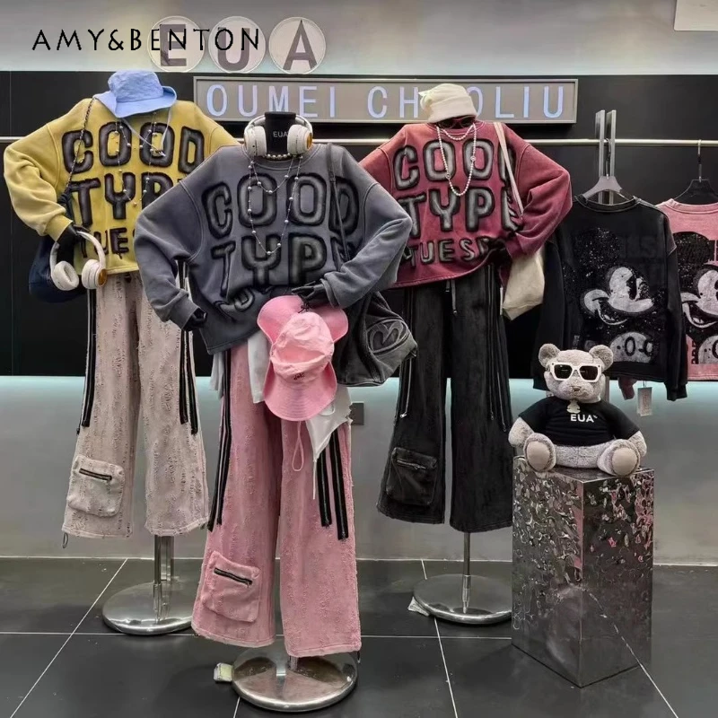 

Winter Popular Washed Patchwork Embroidered Letter Fleece Sweatshirt Women's Loose Fit Versatile Slimming Top Round Neck Hoodies