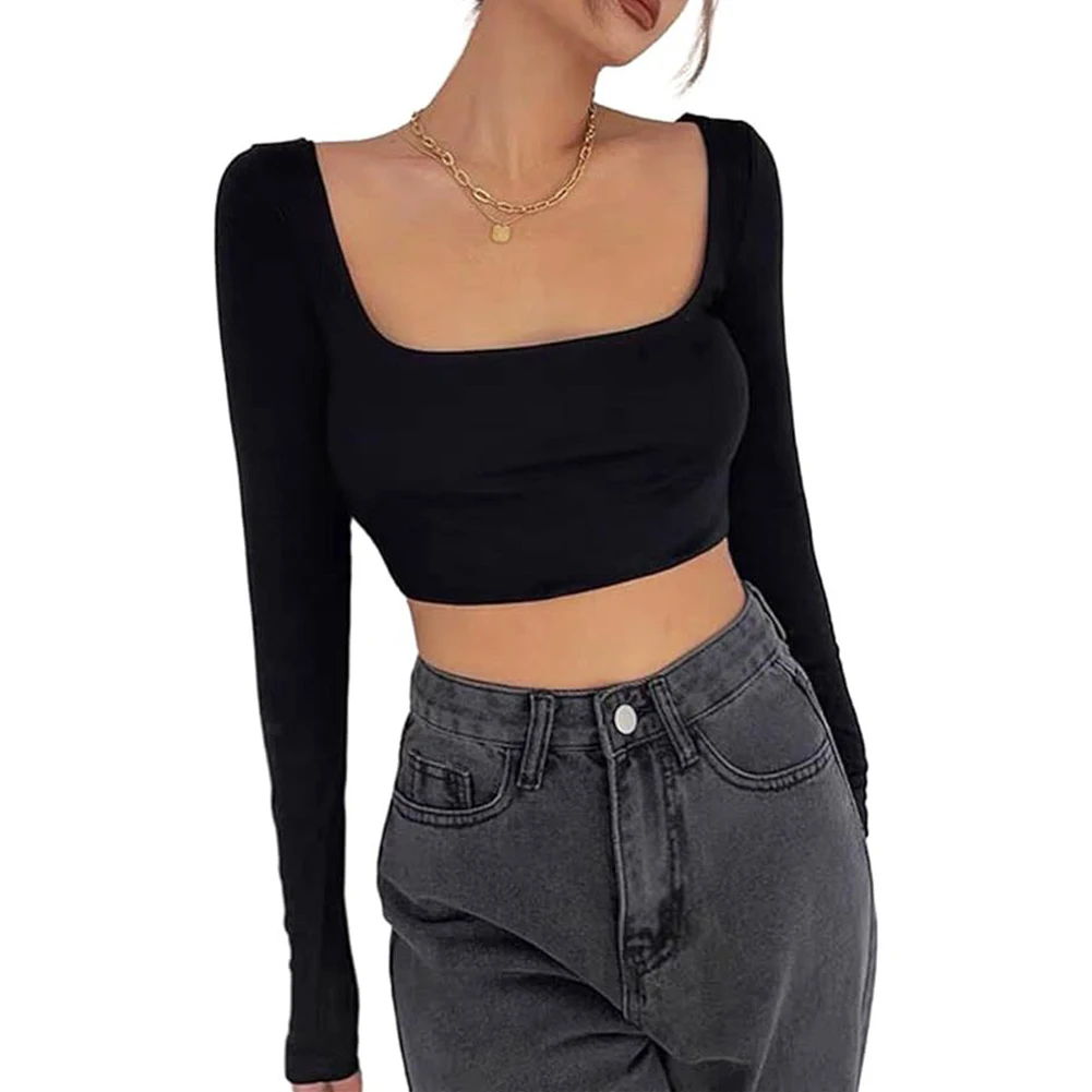 

Повседневный черный лонгслив: базовая футболка с модным дизайном, легкая ткань, стандартная длина