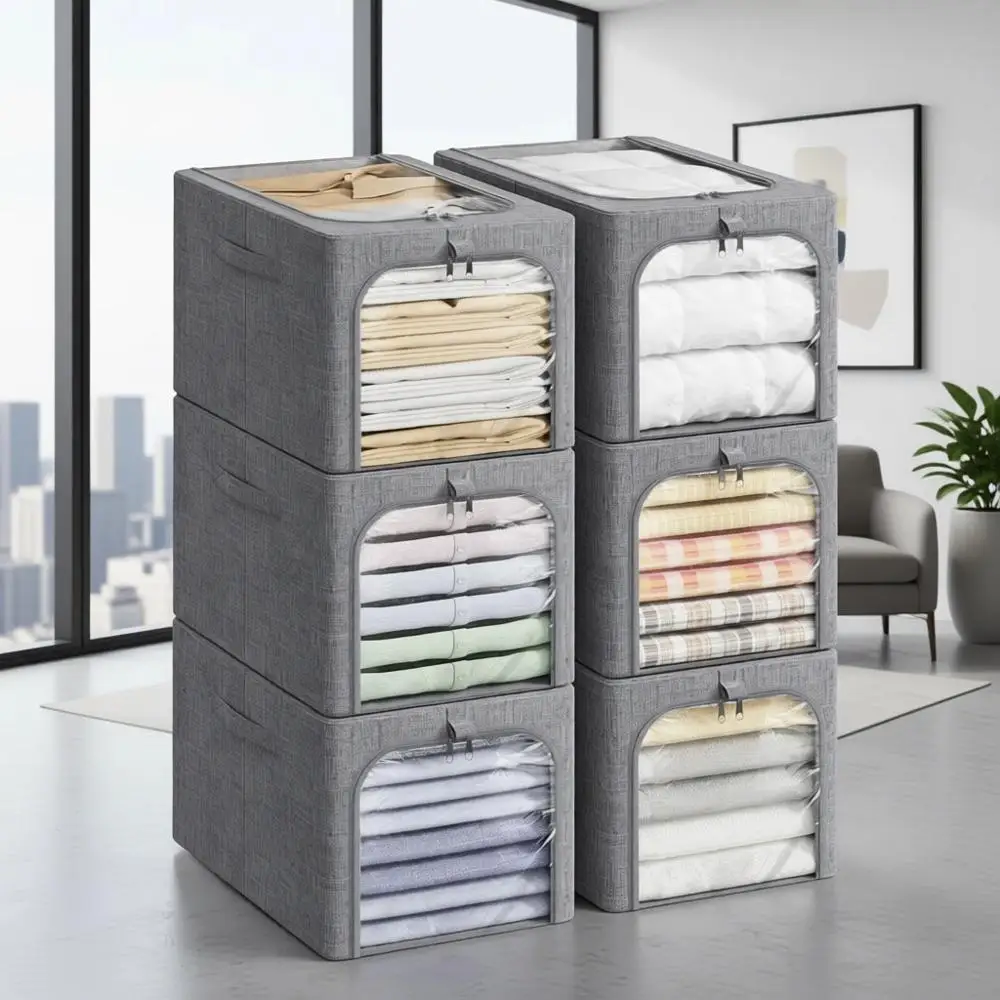 

Складные тканевые контейнеры для хранения с крышками и застежками-молниями, набор из 6 штук, объем 40 л, для одежды, одеял и многого другого