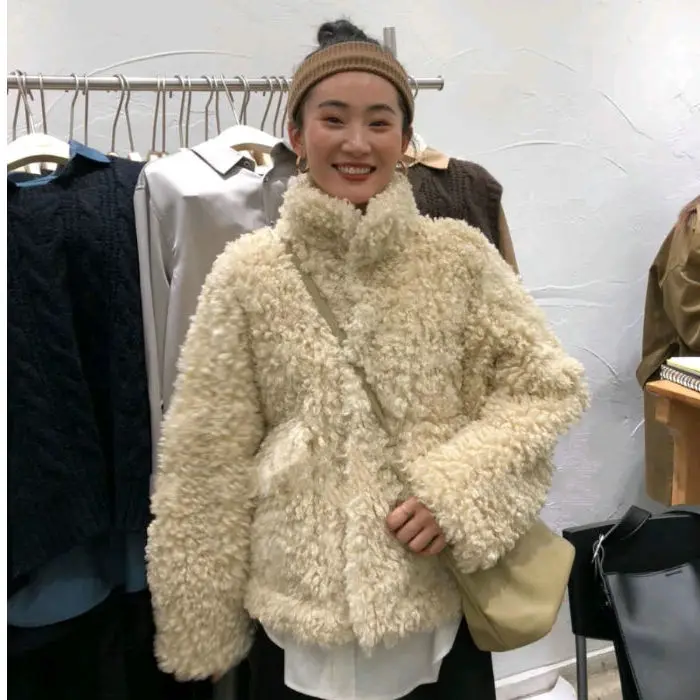 Korean Sle ort Thiened Lamb Fur Jaet Stand Collar Inteated Leather And Fur Women's Plu Coat Autumn Winter Outerwear