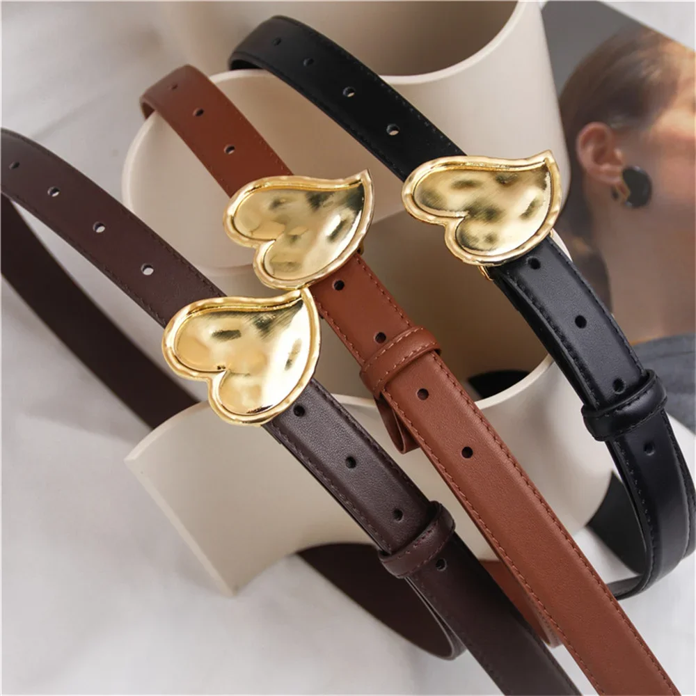 

Женский кожаный ремень в корейском стиле с пряжкой из золотого сплава в форме сердца, ремень из натуральной воловьей кожи, лучшее подходящее платье, джинсовые ремни для женщин