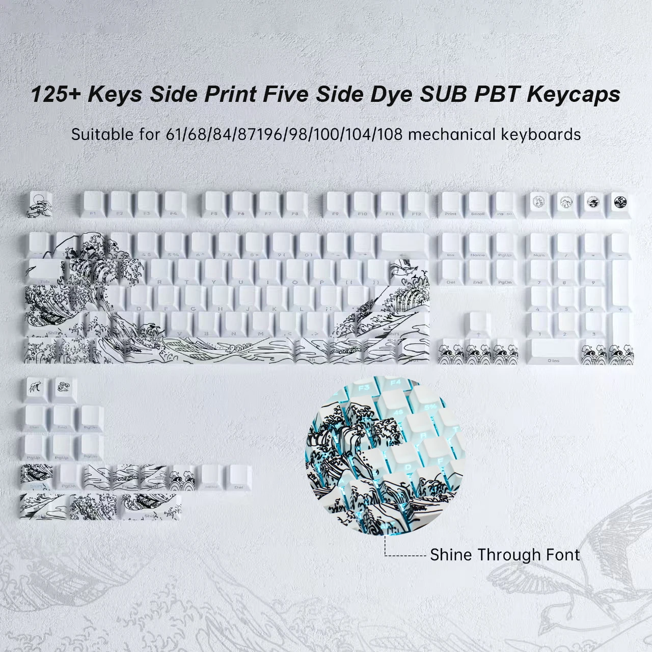 Cherry Profile White Coral Sea Side Print Shine Through Keycaps 125 Keys Dye Sub PBT Keycaps for MX Switches Gaming Keyboard