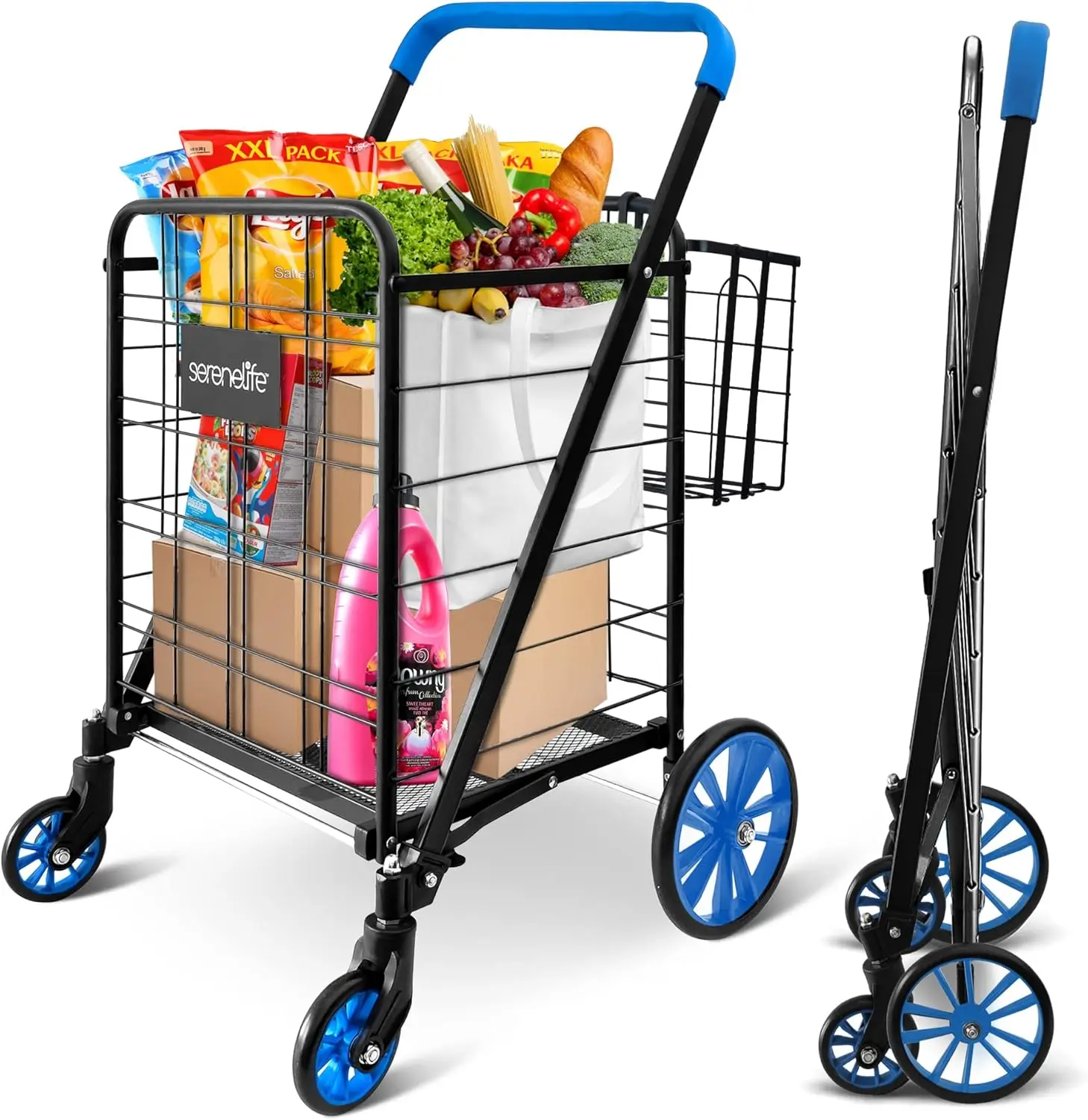 

Portable Collapsible Shopping Cart with Swivel Wheels, Detachable Basket, 110 lbs Capacity for Grocery and Laundry
