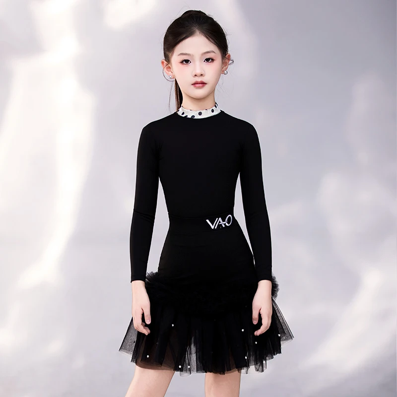 Kinderen Latin Danswedstrijd Kleding Voor Meisjes Zwarte Lange Mouwen Split Rokken Oefenpak Samba Chacha Latin Wear XH3635