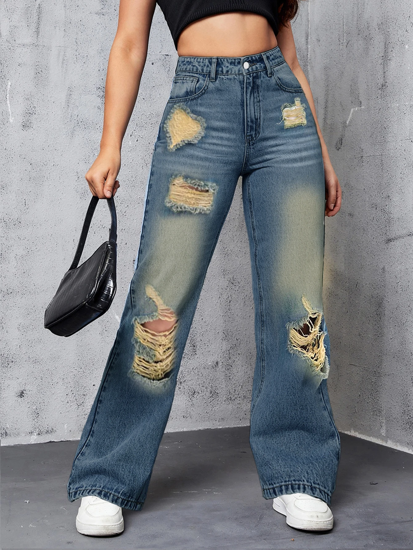 

Retro High Street Ripped Jeans Women's Streetwear Washed Denim Pants Distressed Wide Leg Fashion Loose Straight Denim Trousers