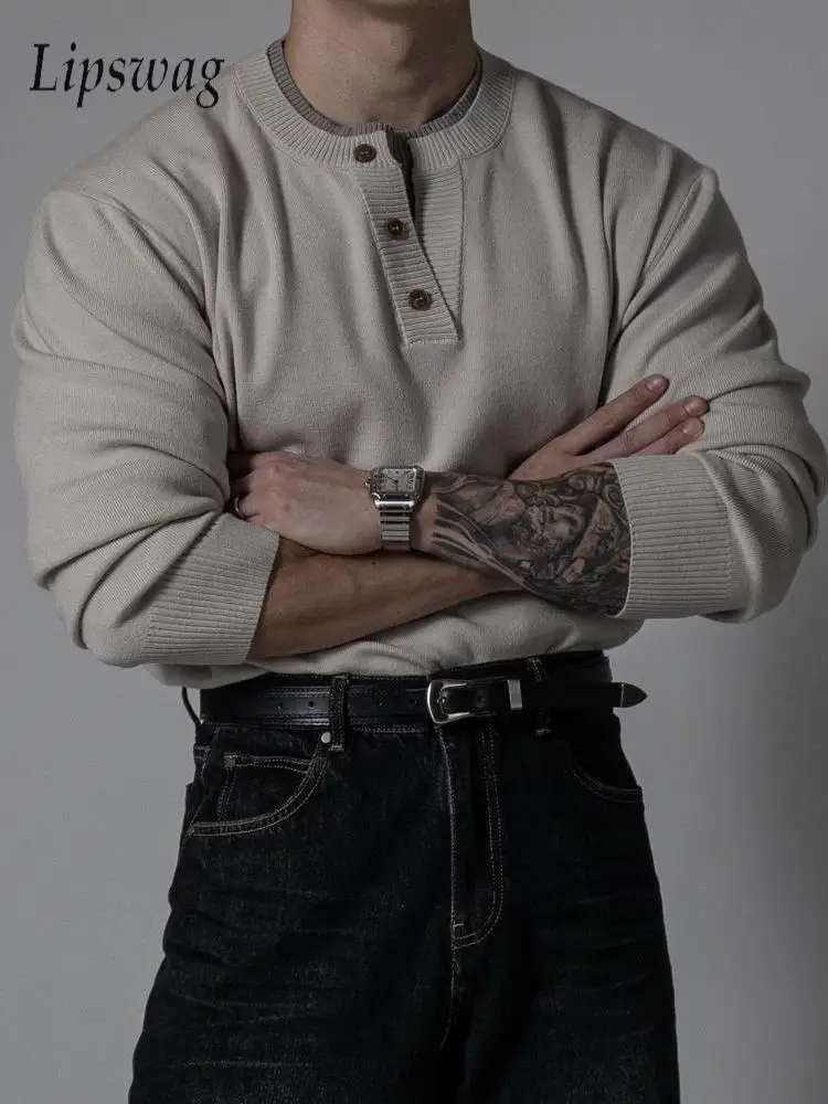 

Classic Solid Color Henley Collar Knit Shirt Mens Long Sleeve Buttoned Sweaters Men 2026 Spring Autumn Stylish Knitted T Shirts
