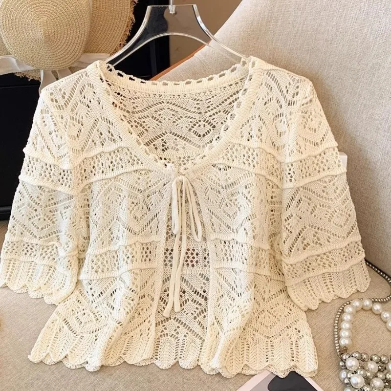 Summer Women Knitted Lace-up Cardigan Crochet Lightweight Hollow Perspective Solid Blouse Beach Short Shawl Casual Outerwear
