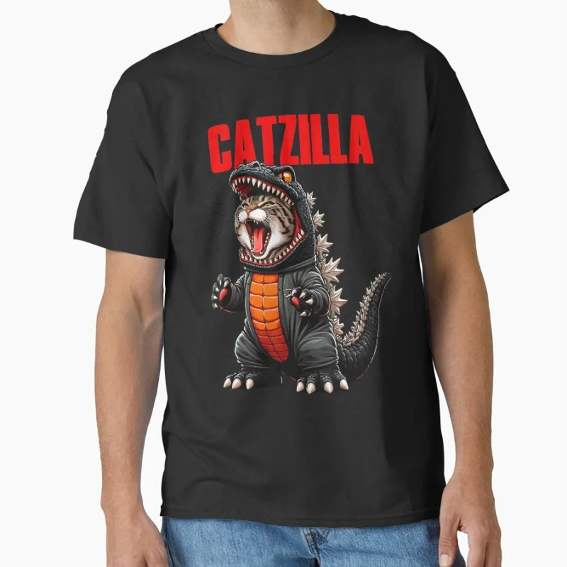 

Cute Cat Kitty Catzilla Funny King of the meowsters 80s Vintage Japan Monster Anime t shirt gift for cat lover large size tops