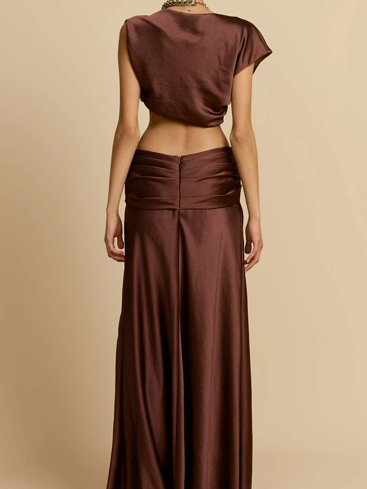 

Fashion Irregular Crop Tops&Half Skirts Sets Casual Solid Color Satin Two Piece Sets Lady High Waist Long Skirts Vacation Outfit