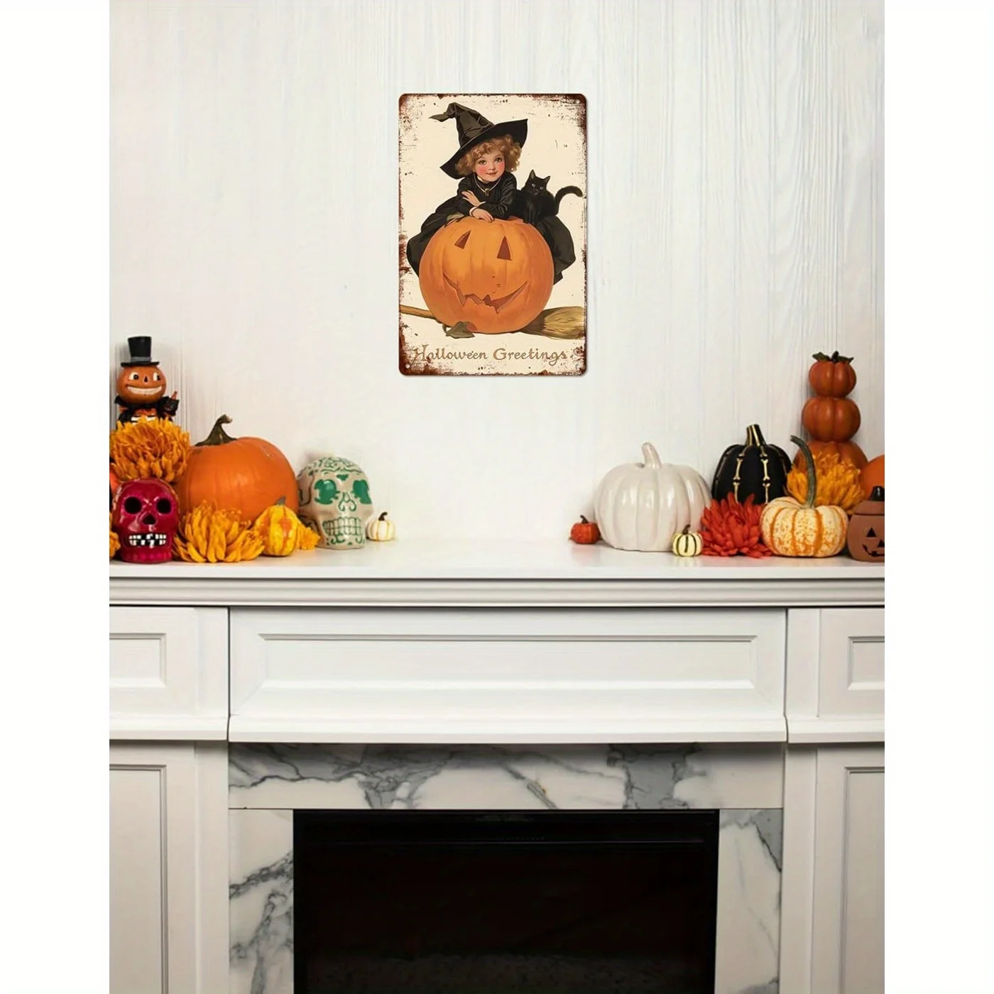 لافتة معدنية كلاسيكية للساحرة والقطط للهالوين، محفورة مسبقًا لسهولة التركيب، مثالية للمنزل والمزرعة