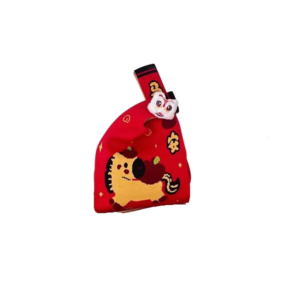 Bolso de muñeca con nudo de caballo, tejido hecho a mano, bolso tejido de Año Nuevo, bolso de regalo de estilo chino, bolso de cubo de lana para compras, 2026