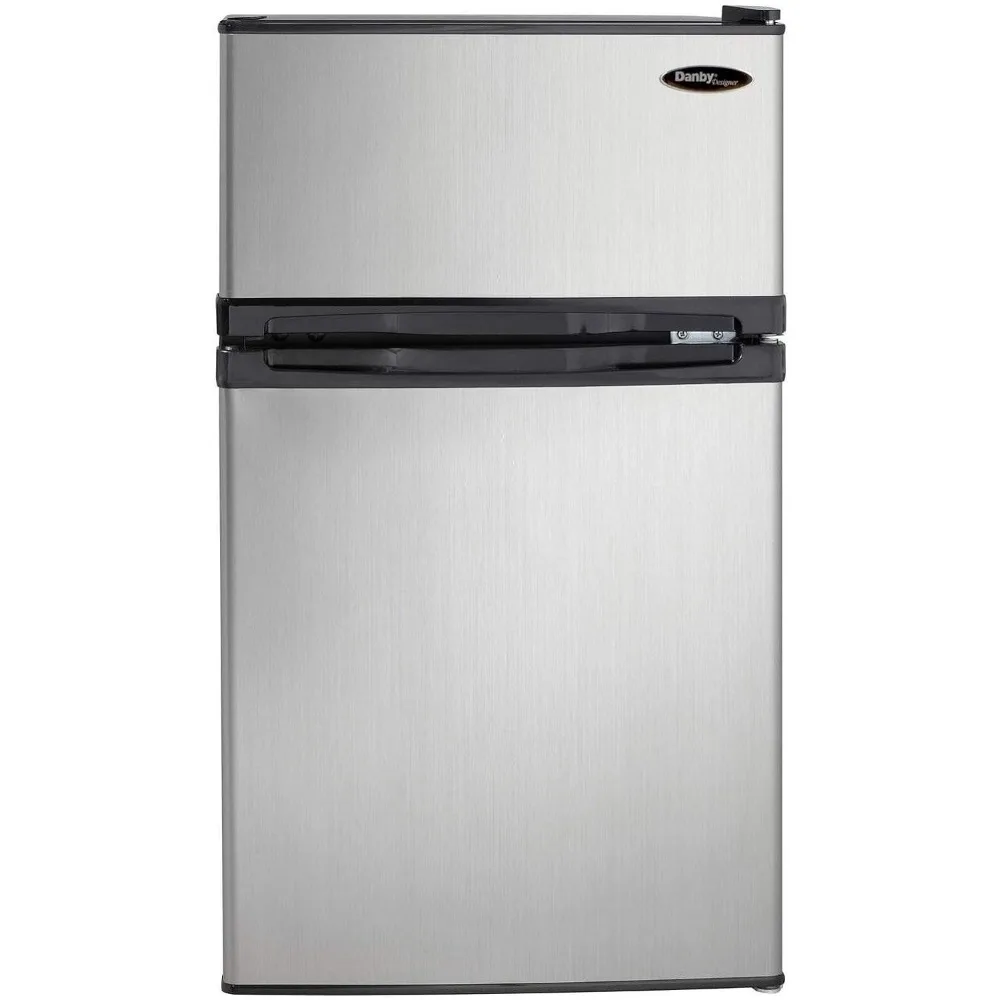 tCompact Refrigerator with Freezer, E-Star Rated Mini Fridge for Bedroom, Living Room, Kitchen, or Office, Stainless Steel