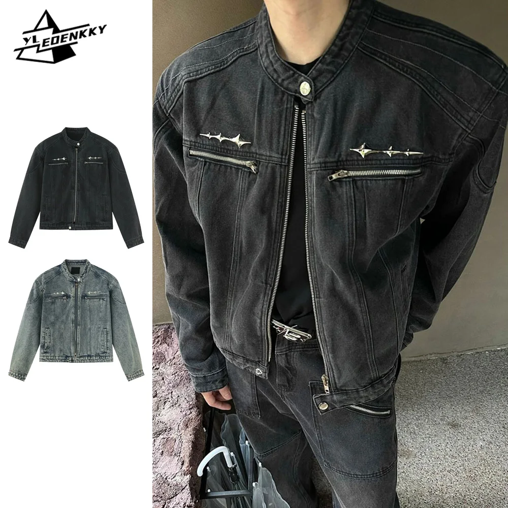 

Distressed Denim Jacket Men Women Vintage Washed Cropped Cowboy Coat High-street Panelled Zip-up Casual Tops Spring Unisex Coats