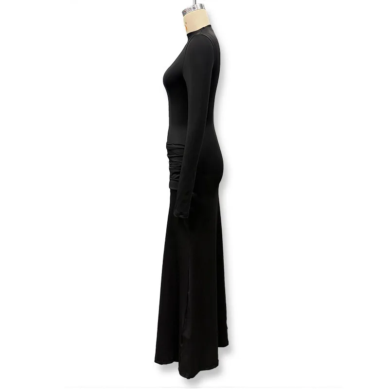 Patchwork Gerafftes Bandkleid für Damen Sexy Rollkragen Elegantes Hochgeschnittenes Abendkleid mit Langen Ärmeln – Detail 7
