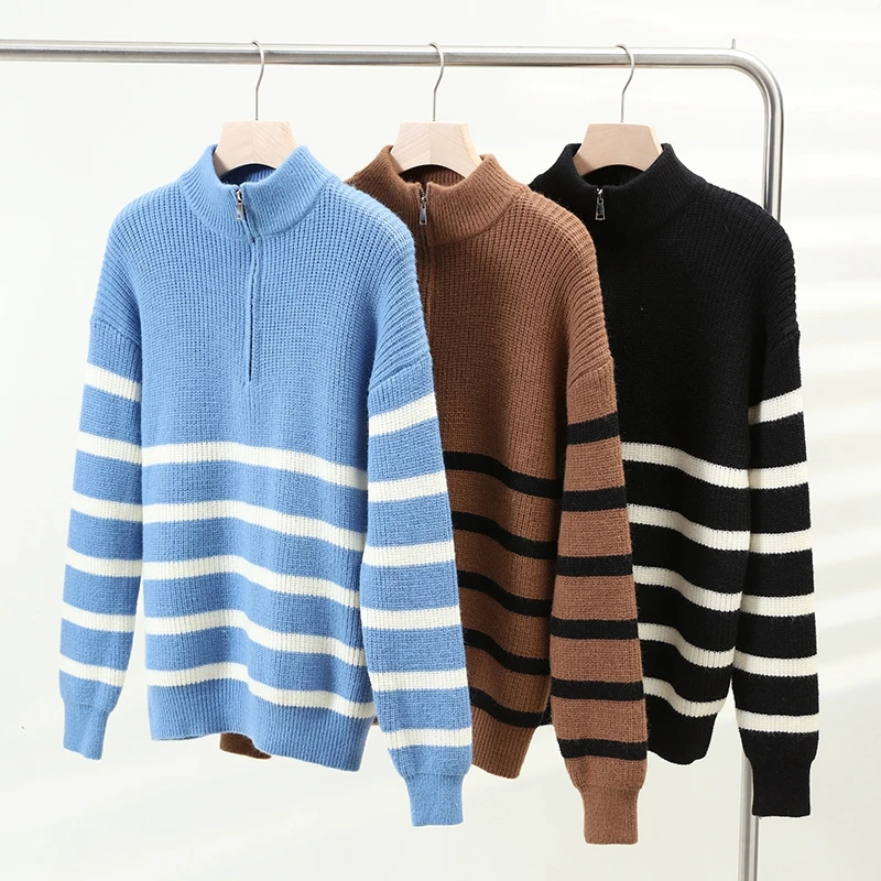 2023 New Fall Winter Zipper Turtleneck Striped Sweater Men High End Mens Christmas Sweaters Thick Warm Pullover Man Knitwear