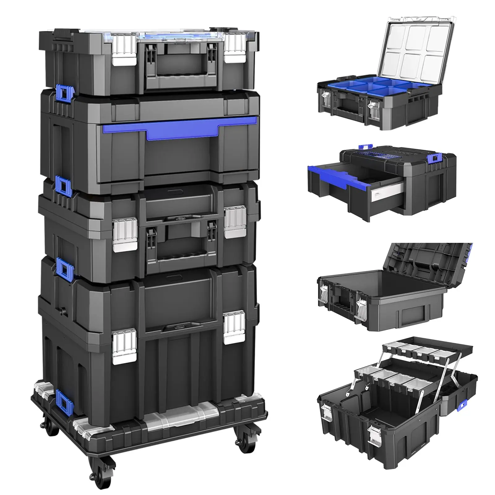 5 Tier Stackable Tool Box with Wheels,Rolling Tool Box with Drawers,Modular Tools Organizer,Portable Tool Box with