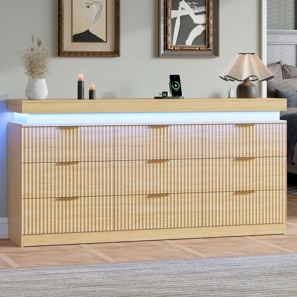 

Bedroom with RGB LED Lighting and Charging Dock, Wooden Chest for Storage, 63 Oak TV Stand, and Closet Organizer for Living Spac