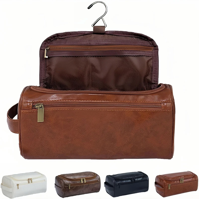 Elegante organizador de cosméticos de viaje de cuero repujado: diseño de gancho, interior espacioso para artículos de tocador y maquillaje zwq
