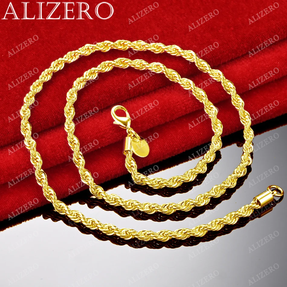 ALIZERO 925 Sterling Silver 18K Gold Plated 4MM Twisted Rope Chain Necklace For Women Men Fashion Accessories Jewelry 16-24inch