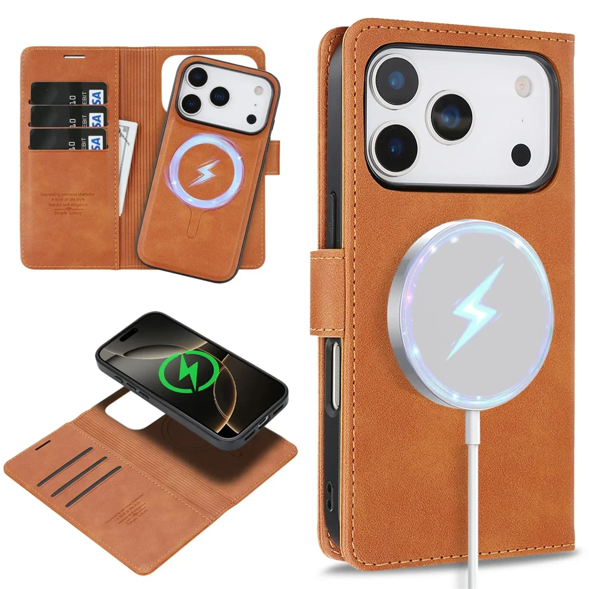 2-in-1 MagSafe magnetische Leder-Handyhülle für iPhone 17 Air 16 Pro Max 15 Plus 14 13 12 16E Kartenfächer Brieftasche Schutzhülle