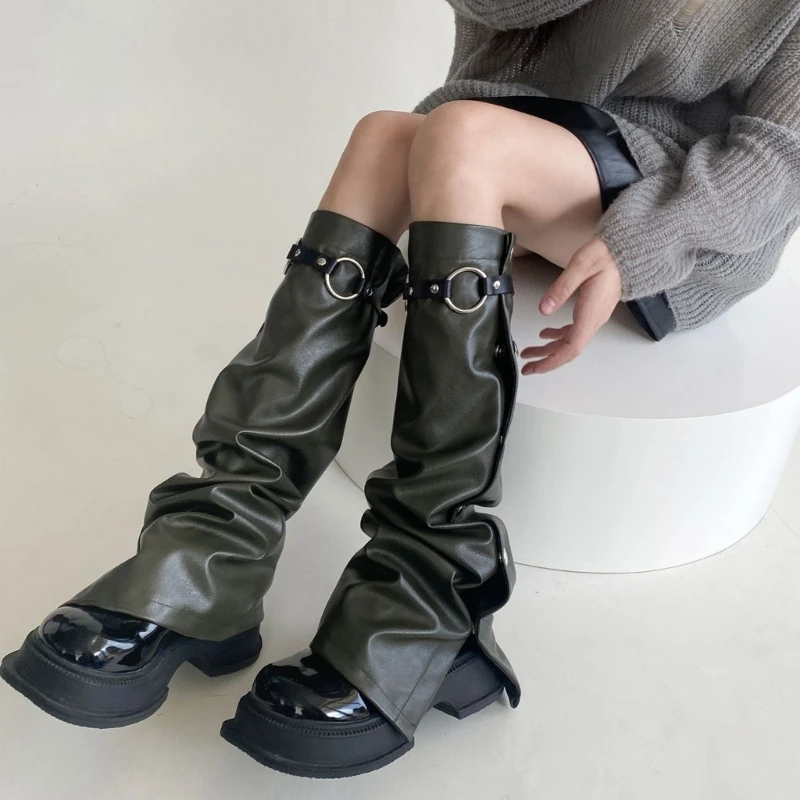 

Women Punk Metal Buckle Leather Leg Warmers Y2K Girls Harajuku Leg Socks Side Buttons Loose Boot Covers Streetwear Accessories