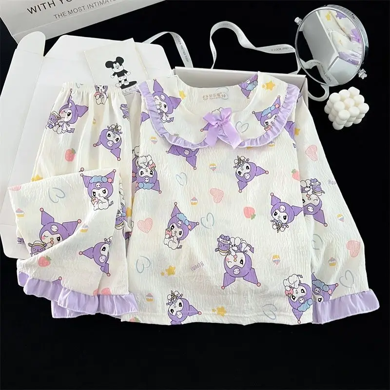 

Пижама Sanrio Kuromi Hello Kitty для девочек, весенняя, с длинными рукавами, в мультяшном стиле, для принцесс, детская домашняя одежда, удобная одежда для сна