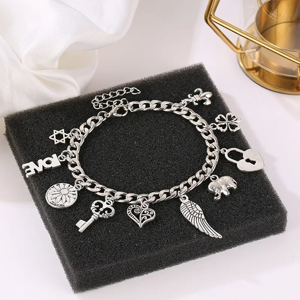 LossTower Vintage Silver Color DIY Elephant Heart Lock Key Bangle Flower Star Wings Fashion Pendant Charm Bracelet for Men Women