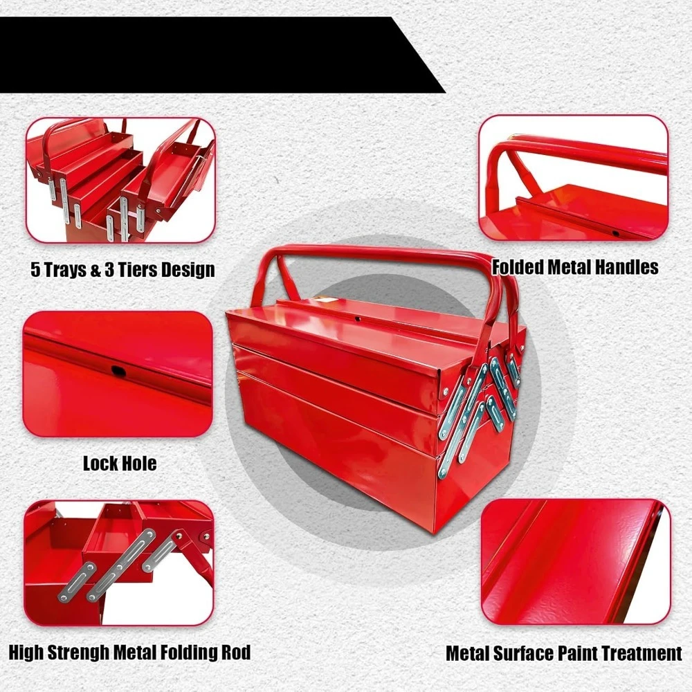 18-inch metal cantilever toolbox, three-layer five-compartment portable folding tool box organizer, suitable for home workshops